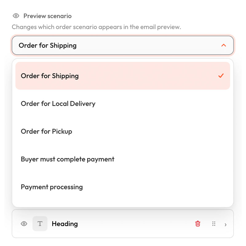 Preview order email scenarios before sending